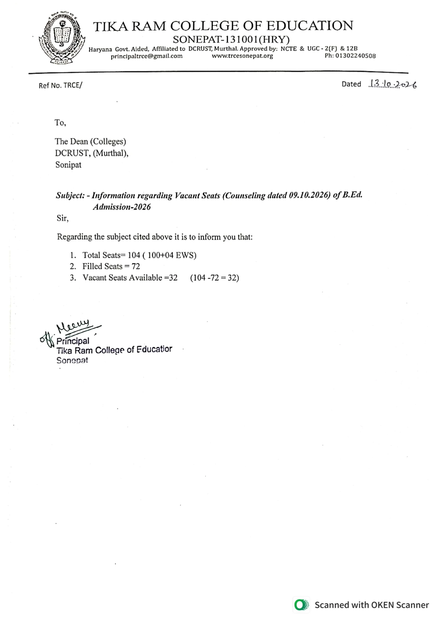 B.Ed. Admission-2026: 104 total seats, 72 filled seats, 32 vacant seats. Counseling dated 09.10.2026; notice dated 13.10.2026.
