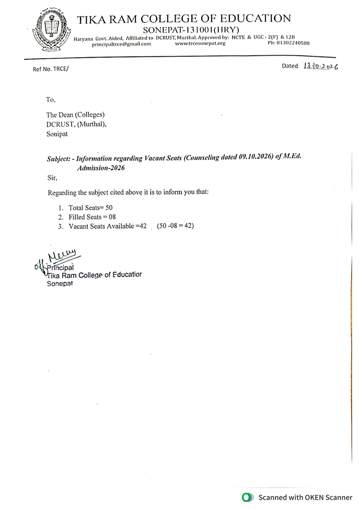 M.Ed. Admission-2026: 50 total seats, 08 filled seats, 42 vacant seats. Counseling dated 09.10.2026; notice dated 13.10.2026.